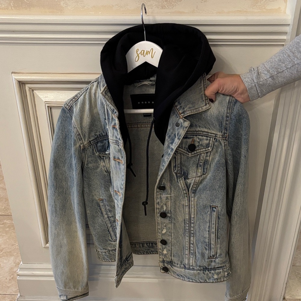 Blank NYC Blue Denim Jacket with Black Hoodie